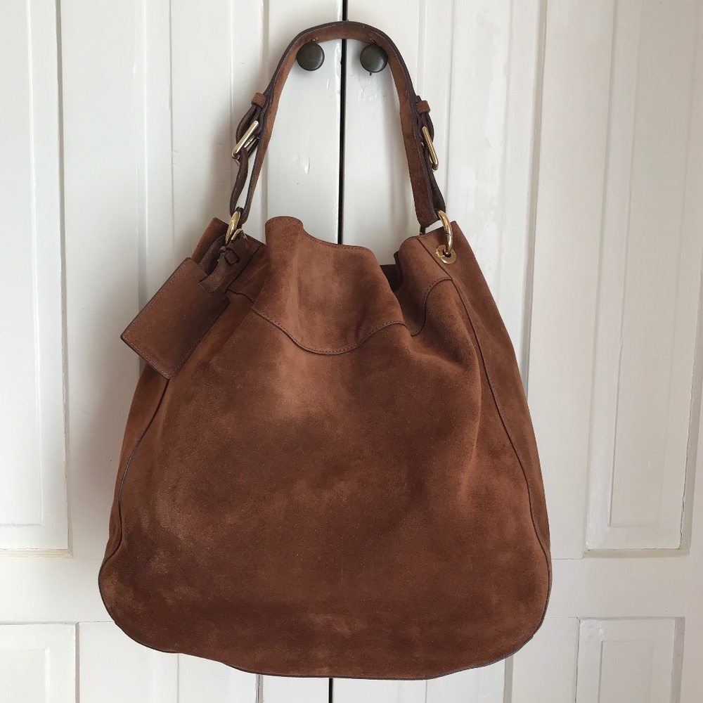 RALPH LAUREN COLLECTION LUXURY CHESTNUT SUEDE BUCKET BAG